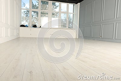 Empty room with new white laminated flooring Stock Photo