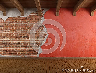 Grunge room with old cracked wall Stock Photo