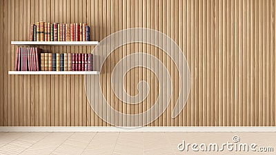 Empty room, shelves with old books, herringbone parquet and wood Stock Photo