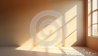Empty room with taupe walls shows sun shadows creating minimalist design. Natural light streams through window. Space suitable Stock Photo