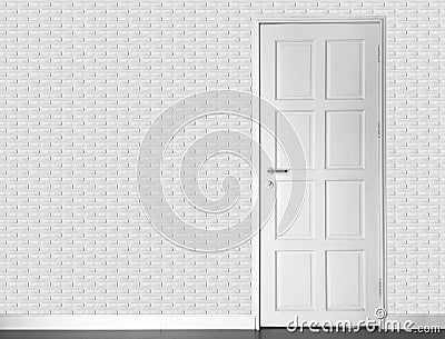 Empty room - vinatge white brick wall and white wood door and old wood floor Stock Photo