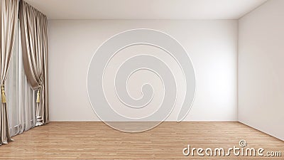 Empty room with white wall, parquet floor, and white vitrage, three beige curtain on the side Stock Photo