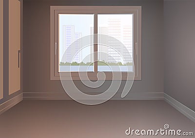 An empty room with a window and an urban landscape Vector Illustration