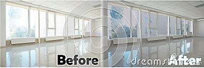 Room with windows before and after tinting Stock Photo