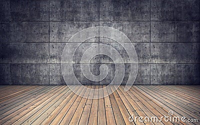 Empty room with wooden floor and concrete tiles wall Stock Photo