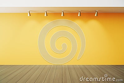 Empty room with yellow wall with lapms and wood floor Stock Photo