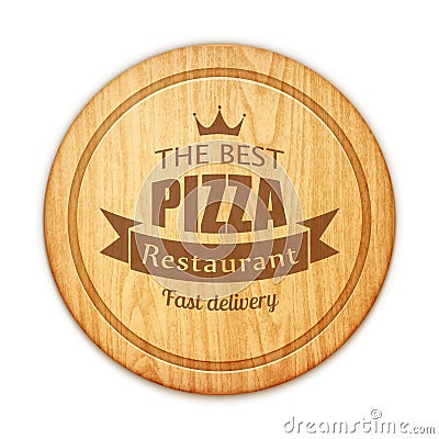 Empty round cutting board with pizza restaurant label Vector Illustration