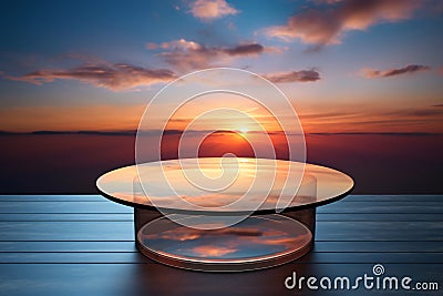 Empty Round Glass Table with Sunset Sky Background Stock Photo