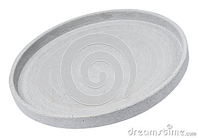 Empty round gray ceramic plate tilted on a white isolated background Stock Photo