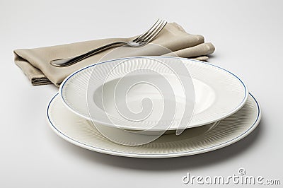 Empty round white plate and bowl with napkin and fork Stock Photo