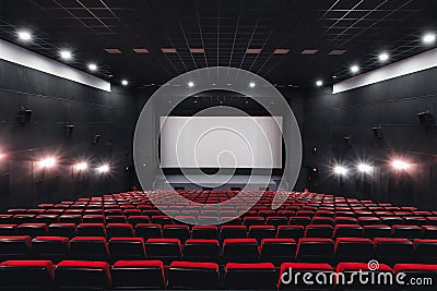 Empty rows of red theater or movie seats. Chairs in cinema hall. Comfortable armchair Stock Photo