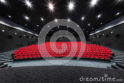 Empty rows of red theater or movie seats. Chairs in cinema hall. Comfortable armchair Stock Photo