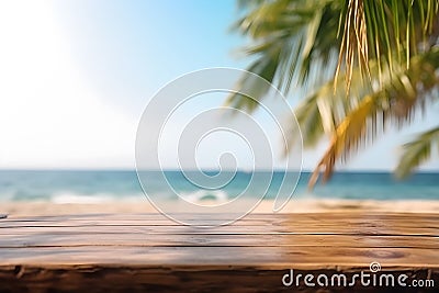 Empty rustic wood table in a tropical beauty island with palms and blurred background, ai generative illustration Cartoon Illustration