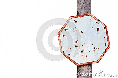 Empty rusty and grungy white and red old road traffic sign in octagon shape Stock Photo