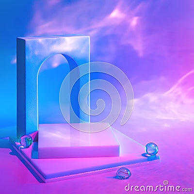 empty scene with podium and arch on neon background Stock Photo