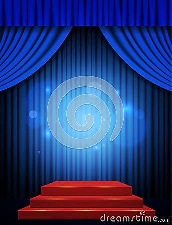 Empty scene with red stage podium and blue curtain Cartoon Illustration