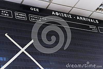 Empty schedule board at railway station in Athens Editorial Stock Photo