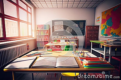 empty school classroom, with colorful and creative learning tools on the desks, including books, pencils and markers Stock Photo