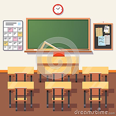 Empty school classroom with green chalkboard Vector Illustration