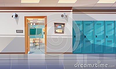 Empty School Corridor With Lockers Hall Open Door To Class Room Vector Illustration