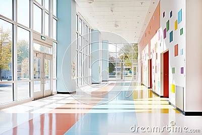 Empty school corridor with tall windows allowing natural light, and floor covered with bright tiles. Maps, student works Stock Photo