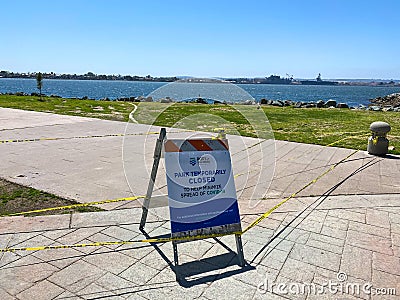 Empty sea port of San Diego with informative signage during COVID-19 pandemic. Editorial Stock Photo