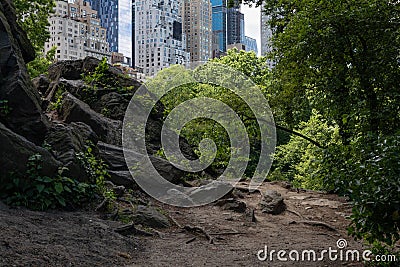 Empty Shaded Trail at Central Park in New York City with Rocks and Green Trees during Spring and a view of Midtown Skyscrapers Stock Photo