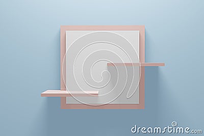 Empty shelf pedestal on light blue. Front view minimal interior concept. Empty product shelf standing background. 3D render Stock Photo