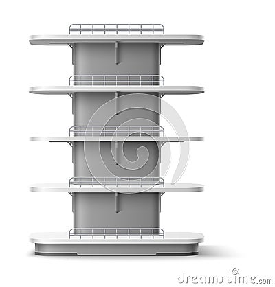 Empty shelving stand. Realistic shopping shelves. Supermarket furniture. Multi level racking front view. White store Vector Illustration
