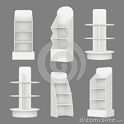 Empty shelving stands. Merchandising market retail display racks in supermarket vector realistic illustration Vector Illustration