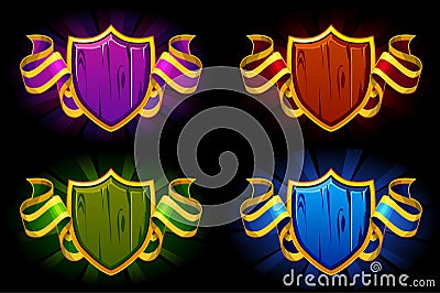 Empty shield with ribbon in colors. Vector awards for UI game resources Vector Illustration