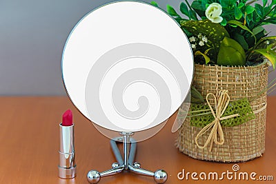 Empty Shiny Modern Metal Round Make Up Mirror On Wooden Table White Blank Advertisement Banner Mock Up Isolated Stock Photo