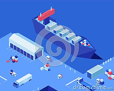 Empty shipping dock isometric vector illustration. Warehouse storage, industrial ship and freight trucks at harbor Vector Illustration