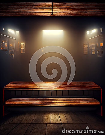 empty shop with a bench wood aesthetic dark by night detailed Unreal Engine 5 concept art atmospheric cinematic dramatic light Stock Photo