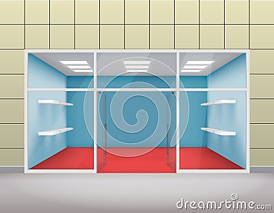 Empty shop front boutique window and open door 3d template vector illustration Vector Illustration