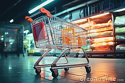 Empty Shopping Cart in Supermarket Aisle Stock Photo