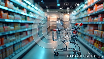 Empty shopping cart in supermarket aisle shows data-driven e-commerce sales optimization. AI tech predicts customer behavior, Stock Photo