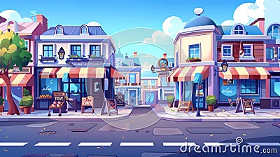 An empty sidewalk, a restaurant facade, and houses with windows and storefronts line a modern street in a European town Cartoon Illustration