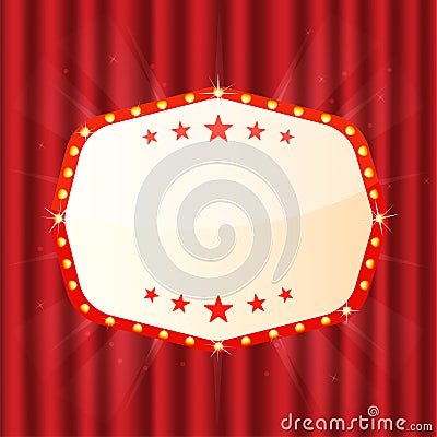 Empty sign on red curtain. Cinema, theatre, casino signboard. Retro light frame with glowing lamps Vector Illustration