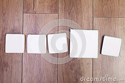 Empty signboard. Five writable handmade blank spaces. Wooden backgrou Stock Photo