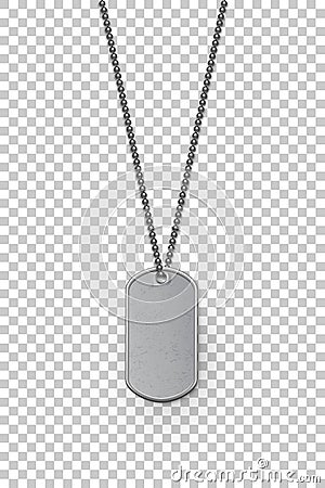 Empty silver military badge hanging on steel chain. Vector isolated army object on transparent background. Pendant with Vector Illustration