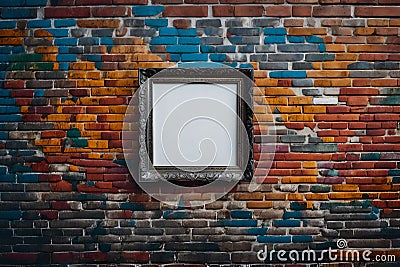 An empty silver photo frame hanging on a colorful, graffiti-covered brick wall in an urban setting Stock Photo