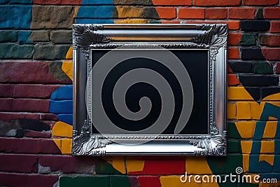 An empty silver photo frame hanging on a colorful, graffiti-covered brick wall in an urban setting Stock Photo