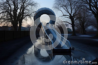 an empty slide with a thin layer of frost reflecting the moonlight Stock Photo