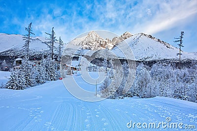 Empty slopes in the morning in Tatranska Lomnica ski resort in Sloivakia Stock Photo