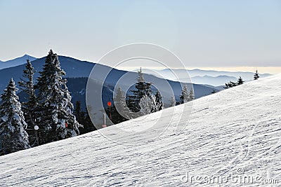 Empty slopes at Stowe Ski Resort in Vermont, view to the Mansfield mountain slopes Stock Photo