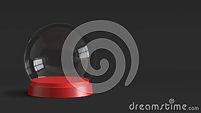 Empty snow glass ball with red tray on dark background. 3D rendering. Stock Photo