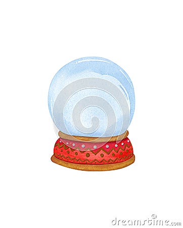 Empty snow globe. Watercolor illustration with bright red snow globe with gold ornamet Cartoon Illustration