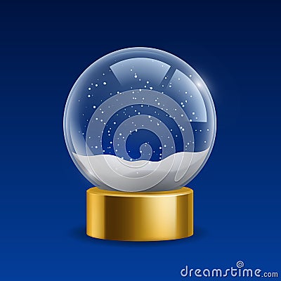 Empty snowglobe. Realistic Christmas globe with snow. Isolated magic crystal ball on golden stand. Transparent glass Vector Illustration