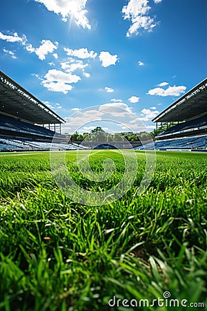 An empty soccer stadium with fresh green grass and blue sky. Football terrain Stock Photo